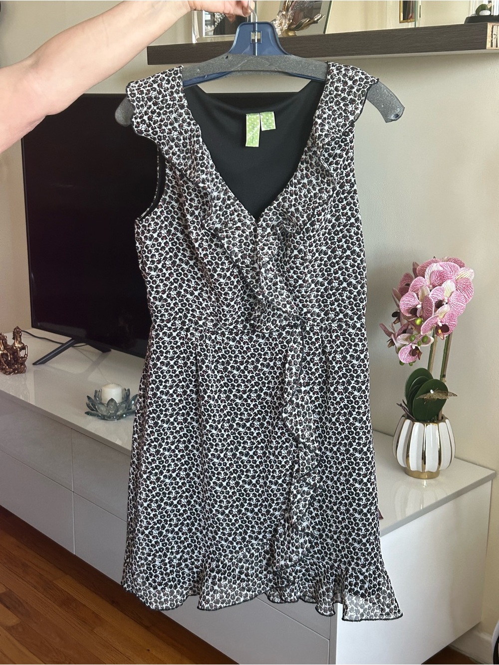Johnny Martin Black & White Floral Ruffle Wrap Midi Dress